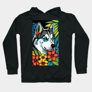 Husky Dog Vibrant Tropical Flower Tall Retro Vintage Digital Pop Art Portrait Hoodie